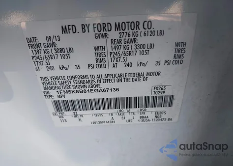 2014 Ford Explorer из США, поврежденный, VIN 1FM5K8B81EGA67136